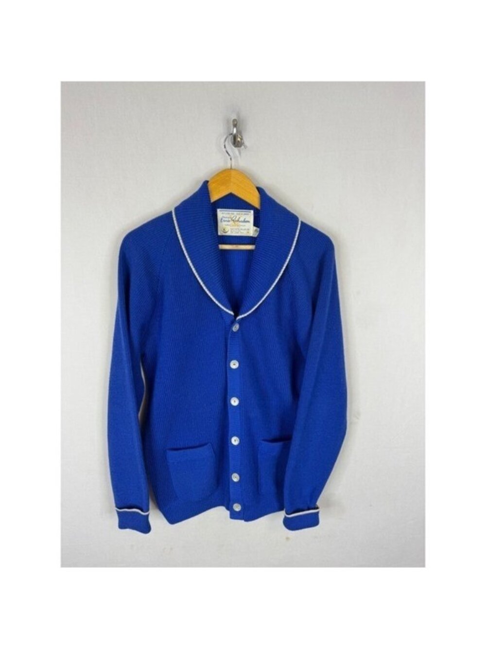 Vintage Ernie Richardson Curling Wool Shawl Collar Cardigan Sweater Blue Mens M